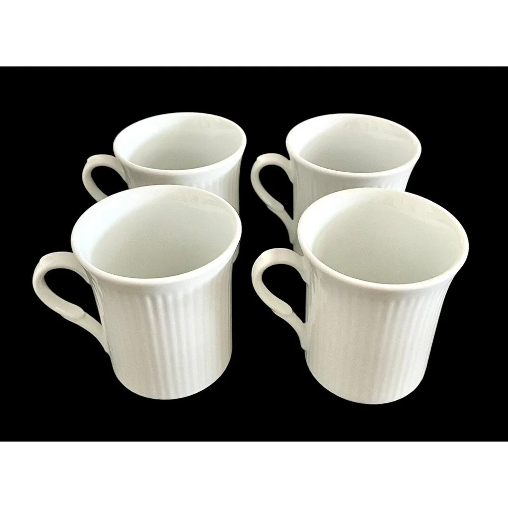 4 Vintage Lillian Vernon White Ribbed Embossed Mugs Set Porcelain Handled Cups - Picture 2 of 8